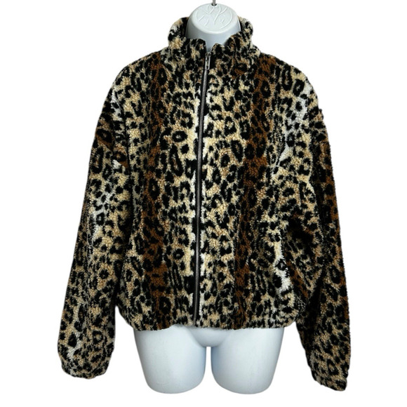 Forever 21 Animal Print Sherpa Bomber Jacket Sz Small Full Zip Baddie Faux Fur - Picture 6 of 7